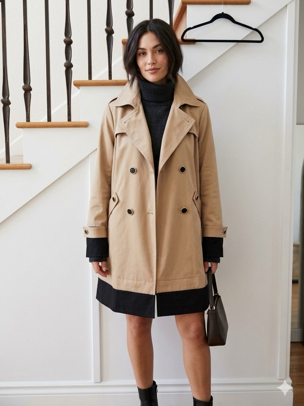 BGSD Classic Beige Trench Coat with Black Contrast Cuffs and Hood NWOT Size XL